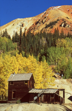 Old wood building and mountain